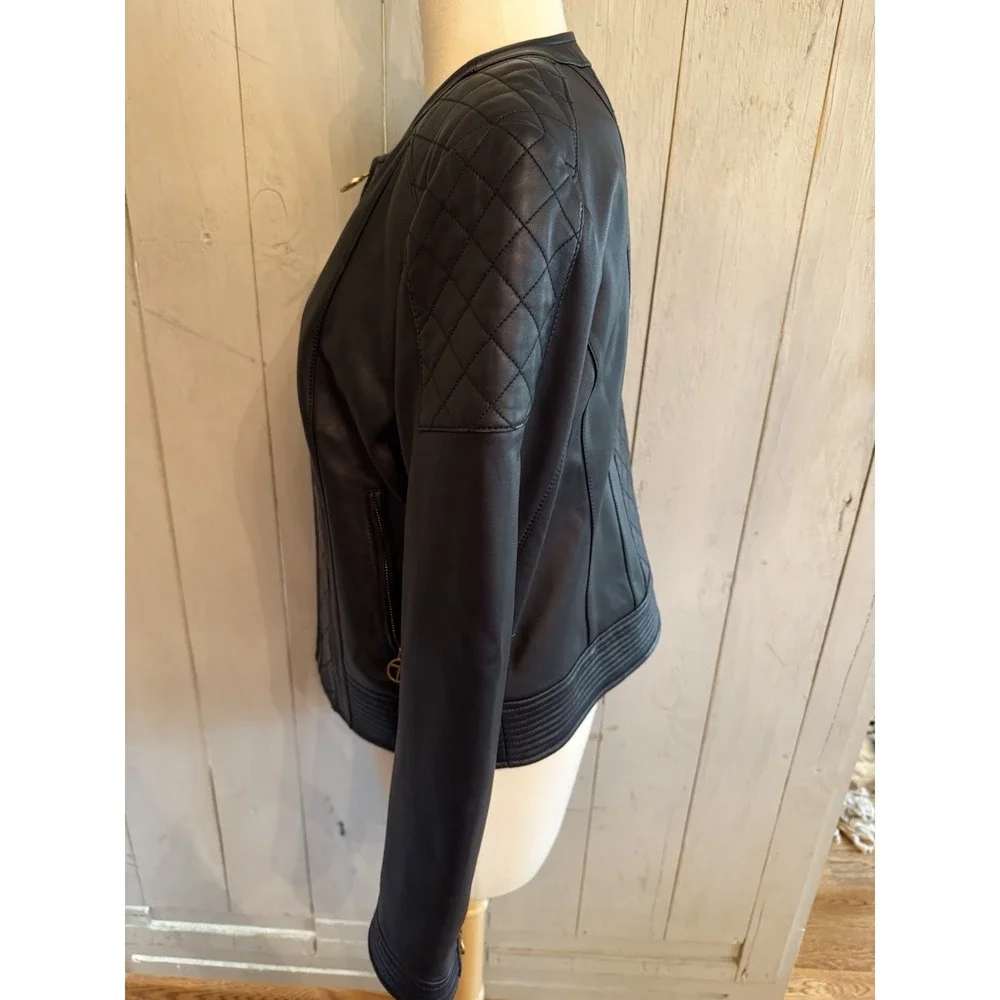 Tory‎ Burch Ryder Leather Jacket Soft Moto Gold Zip Sz-Lg Dark Navy NEW Rt 998$